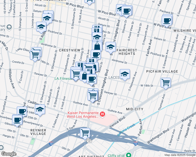 map of restaurants, bars, coffee shops, grocery stores, and more near 6078 West 18th Street in Los Angeles