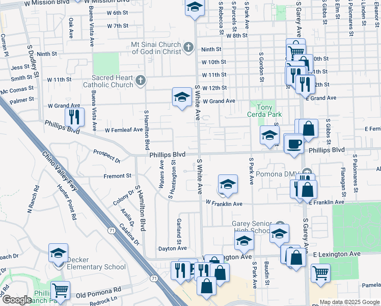 map of restaurants, bars, coffee shops, grocery stores, and more near 935 West Phillips Boulevard in Pomona
