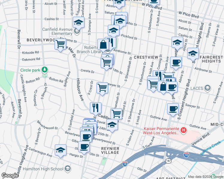 map of restaurants, bars, coffee shops, grocery stores, and more near 1906 Preuss Road in Los Angeles