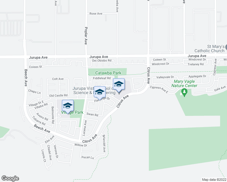 map of restaurants, bars, coffee shops, grocery stores, and more near 11549 Plane Tree Road in Fontana