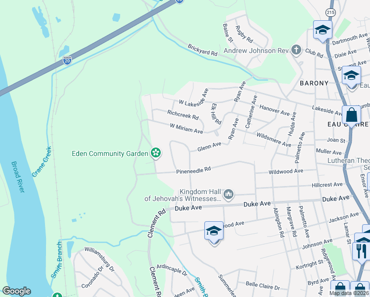 map of restaurants, bars, coffee shops, grocery stores, and more near 4333 Woodridge Drive in Columbia