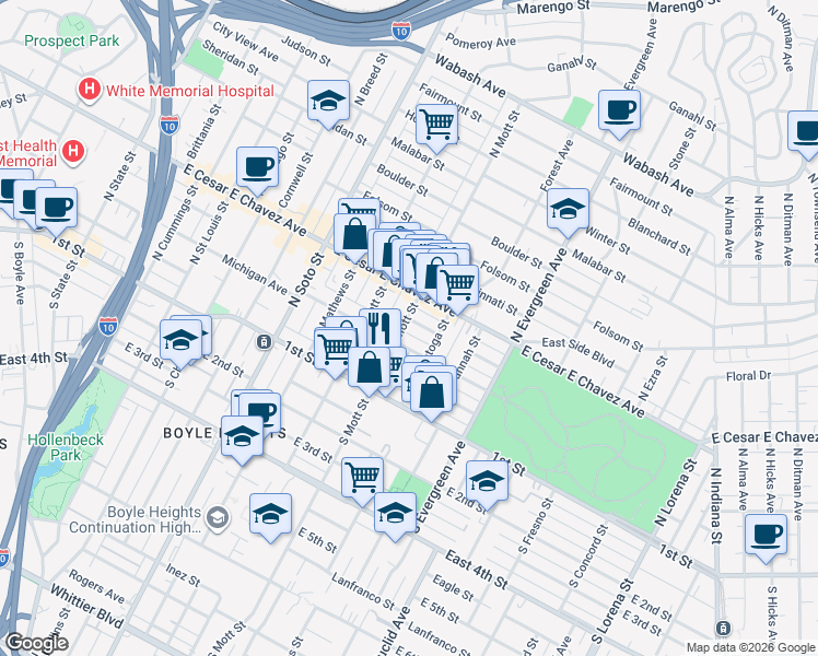 map of restaurants, bars, coffee shops, grocery stores, and more near 318 North Mott Street in Los Angeles