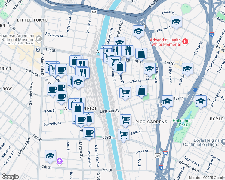 map of restaurants, bars, coffee shops, grocery stores, and more near 251 South Mission Road in Los Angeles