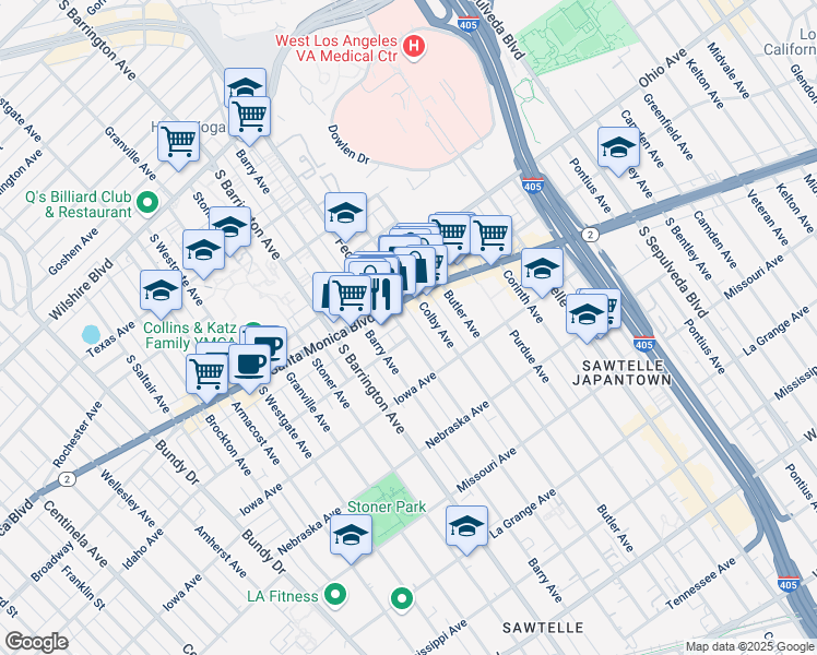 map of restaurants, bars, coffee shops, grocery stores, and more near 1624 Federal Avenue in Los Angeles