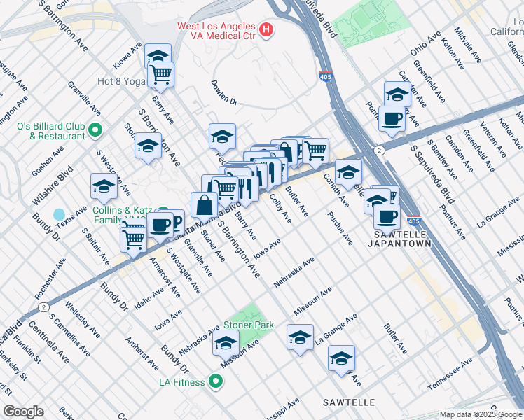 map of restaurants, bars, coffee shops, grocery stores, and more near 1624 Federal Avenue in Los Angeles