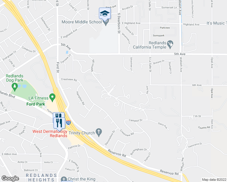 map of restaurants, bars, coffee shops, grocery stores, and more near 1561 Marion Road in Redlands