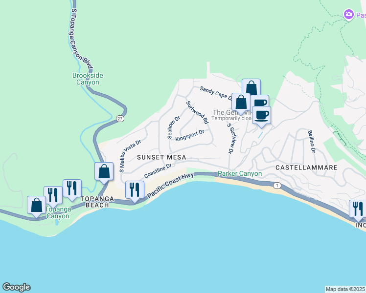 map of restaurants, bars, coffee shops, grocery stores, and more near 18226 Wakecrest Drive in Malibu