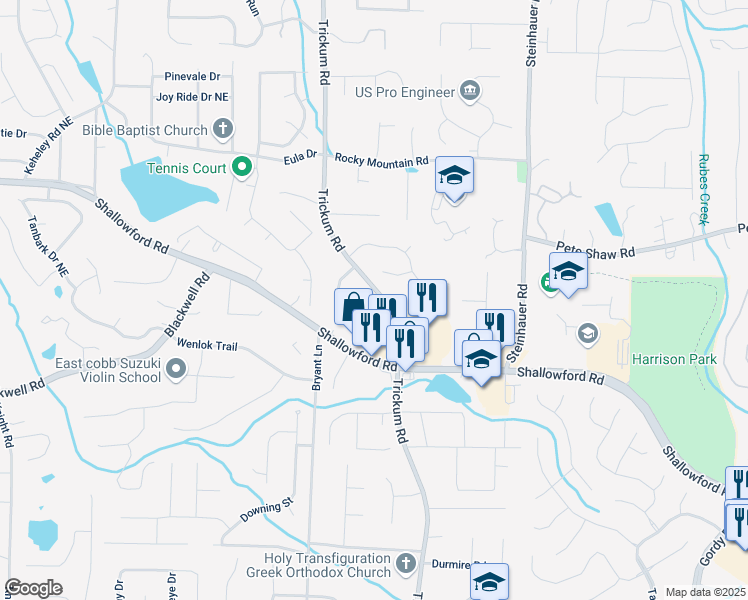 map of restaurants, bars, coffee shops, grocery stores, and more near 3865 Trickum Road in Marietta