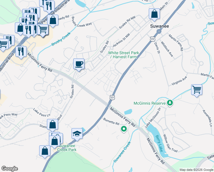 map of restaurants, bars, coffee shops, grocery stores, and more near 3881 White Lane Northwest in Suwanee