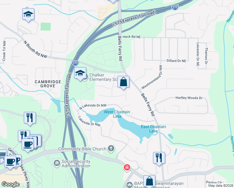 map of restaurants, bars, coffee shops, grocery stores, and more near 164 W Station Dr NW in Kennesaw
