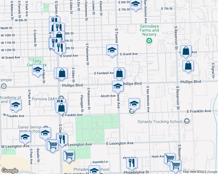 map of restaurants, bars, coffee shops, grocery stores, and more near 732 East Phillips Boulevard in Pomona