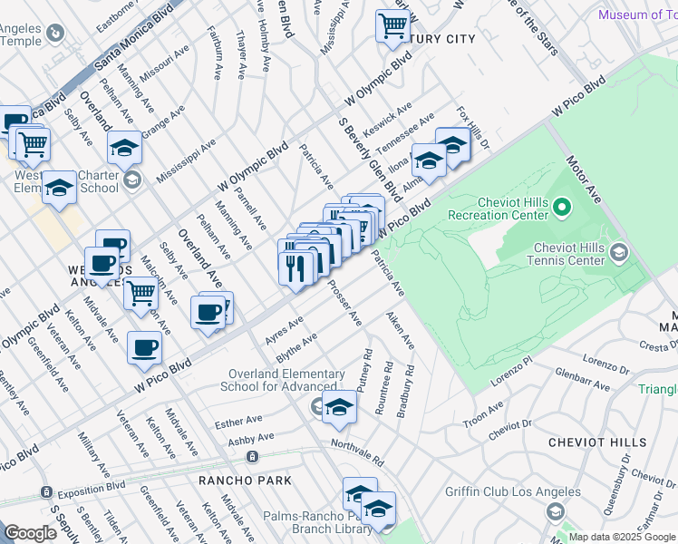 map of restaurants, bars, coffee shops, grocery stores, and more near 10556 West Pico Boulevard in Los Angeles
