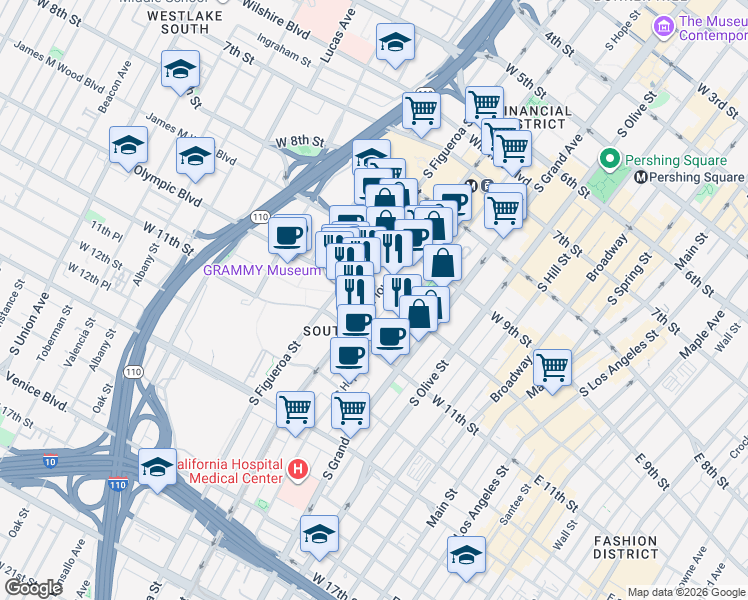 map of restaurants, bars, coffee shops, grocery stores, and more near 1010 Flower Street in Los Angeles