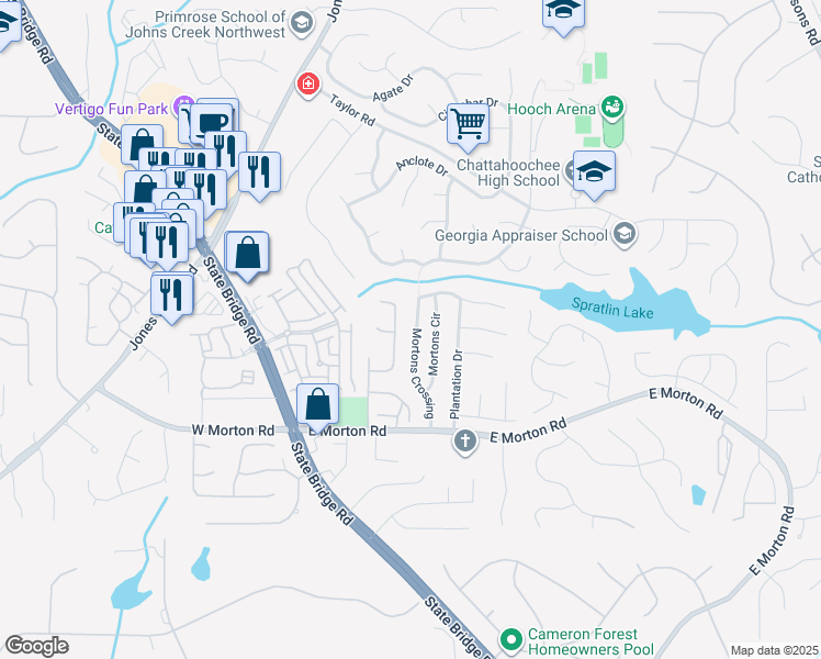 map of restaurants, bars, coffee shops, grocery stores, and more near 10785 Mortons Crossing in Alpharetta