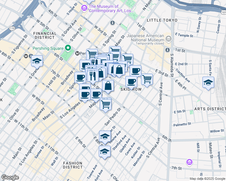 map of restaurants, bars, coffee shops, grocery stores, and more near 524 Wall Street in Los Angeles