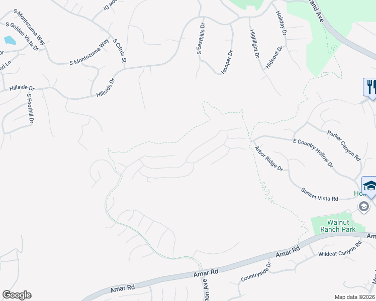 map of restaurants, bars, coffee shops, grocery stores, and more near 19679 Highland Terrace Drive in Walnut