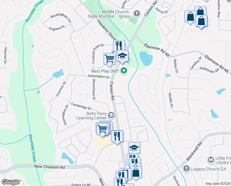map of restaurants, bars, coffee shops, grocery stores, and more near 3778 Canton Road in Marietta