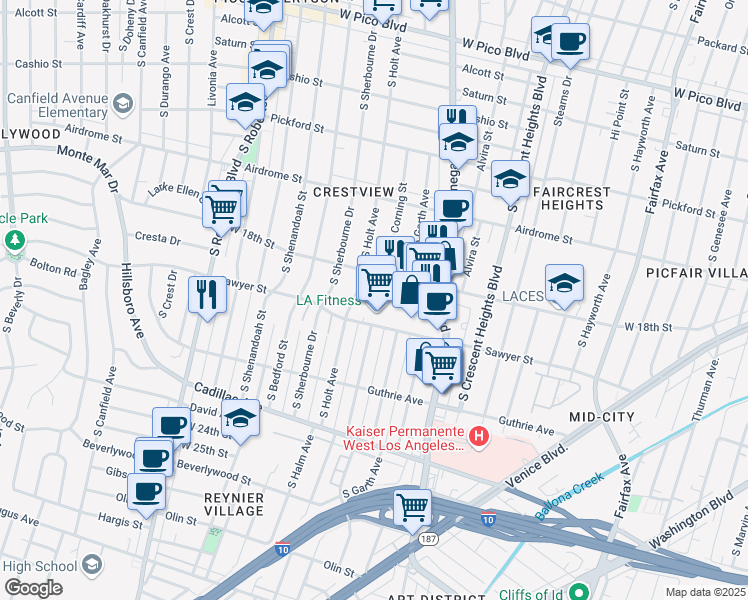 map of restaurants, bars, coffee shops, grocery stores, and more near 1833 South Holt Avenue in Los Angeles