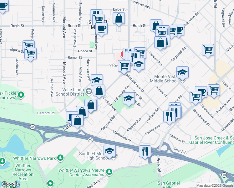 map of restaurants, bars, coffee shops, grocery stores, and more near 1445 Lidcombe Avenue in South El Monte