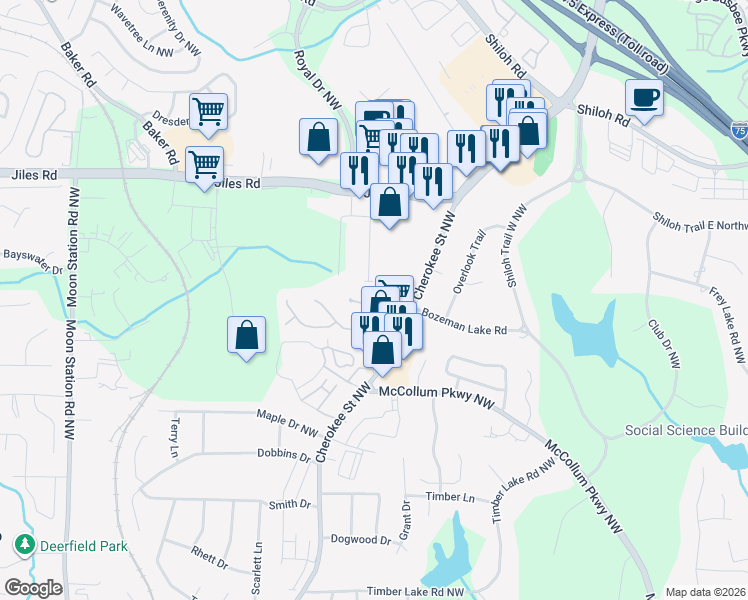 map of restaurants, bars, coffee shops, grocery stores, and more near 1206 Shiloh Circle in Kennesaw