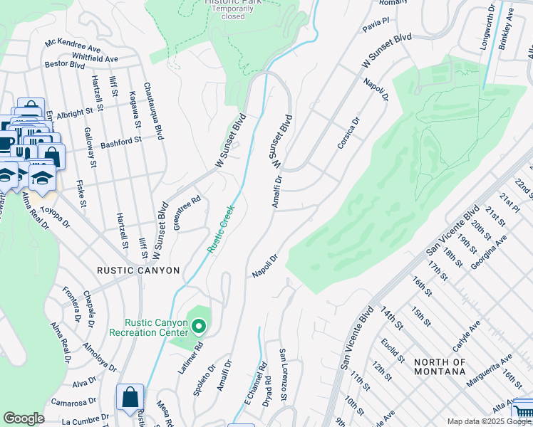map of restaurants, bars, coffee shops, grocery stores, and more near 797 Amalfi Drive in Los Angeles