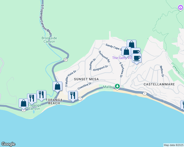 map of restaurants, bars, coffee shops, grocery stores, and more near 3818 Seahorn Drive in Malibu