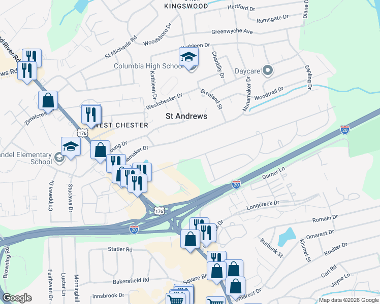 map of restaurants, bars, coffee shops, grocery stores, and more near 1519 Marley Drive in Columbia