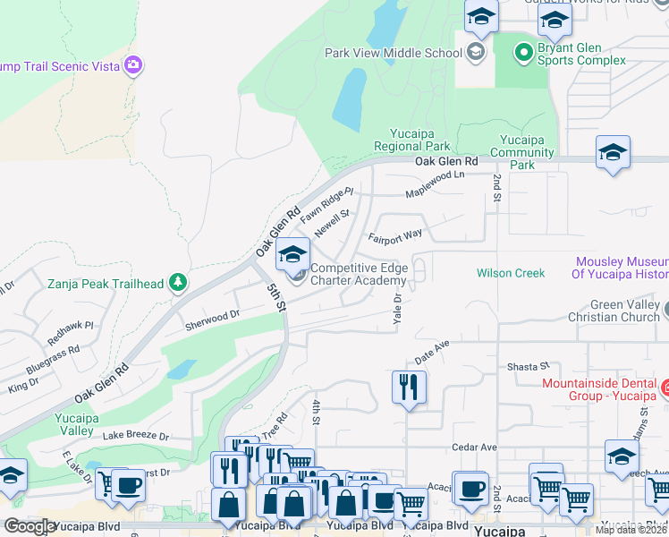 map of restaurants, bars, coffee shops, grocery stores, and more near 11532 Warm Springs Way in Yucaipa