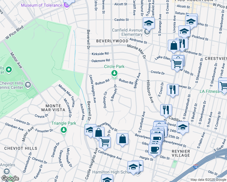 map of restaurants, bars, coffee shops, grocery stores, and more near 2111 South Beverly Drive in Los Angeles