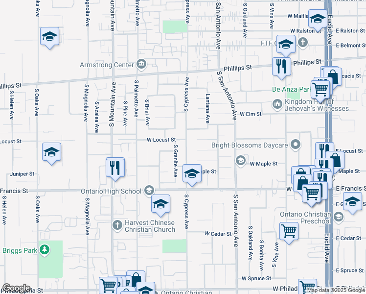 map of restaurants, bars, coffee shops, grocery stores, and more near 1620 South Cypress Avenue in Ontario