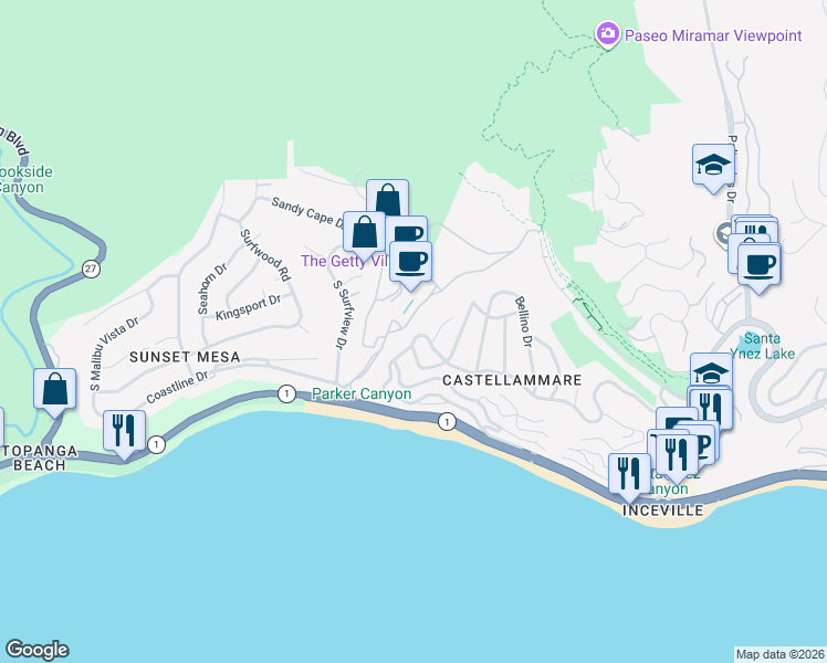map of restaurants, bars, coffee shops, grocery stores, and more near 17925 Tramonto Drive in Los Angeles