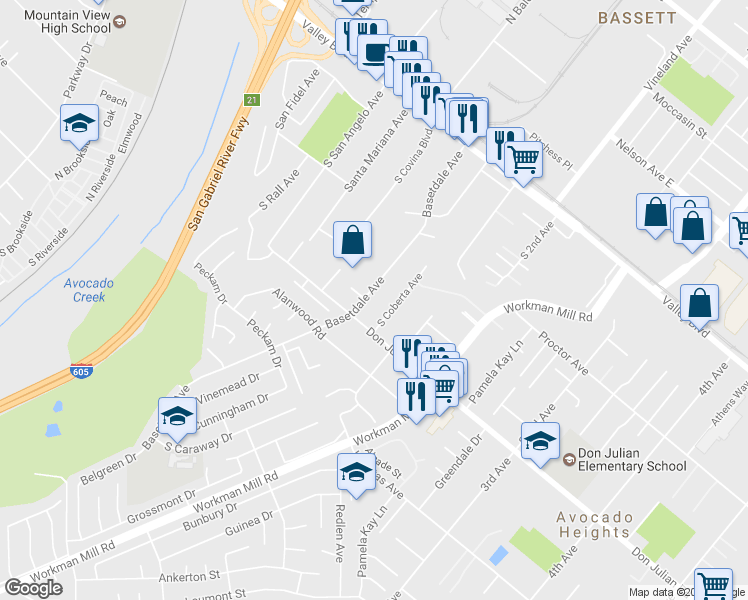 map of restaurants, bars, coffee shops, grocery stores, and more near 434 Basetdale Avenue in La Puente