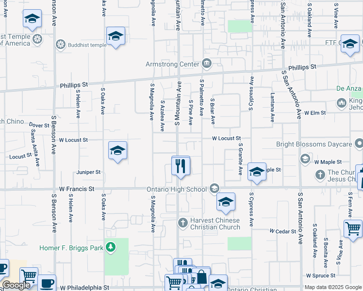 map of restaurants, bars, coffee shops, grocery stores, and more near 1625 South Mountain Avenue in Ontario