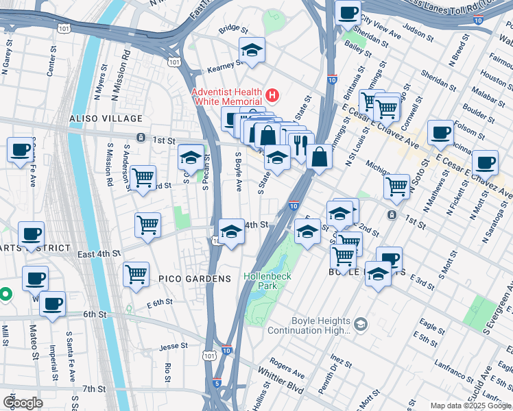 map of restaurants, bars, coffee shops, grocery stores, and more near 333 South State Street in Los Angeles