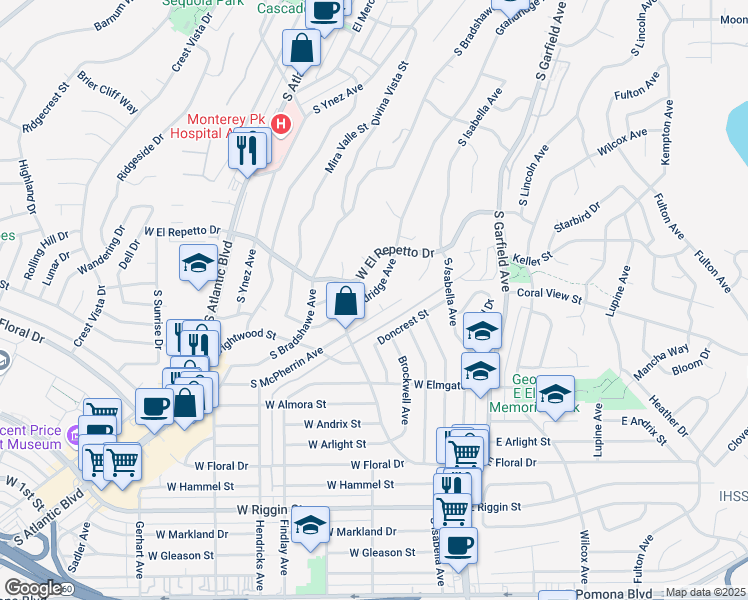 map of restaurants, bars, coffee shops, grocery stores, and more near 1692 Grandridge Avenue in Monterey Park