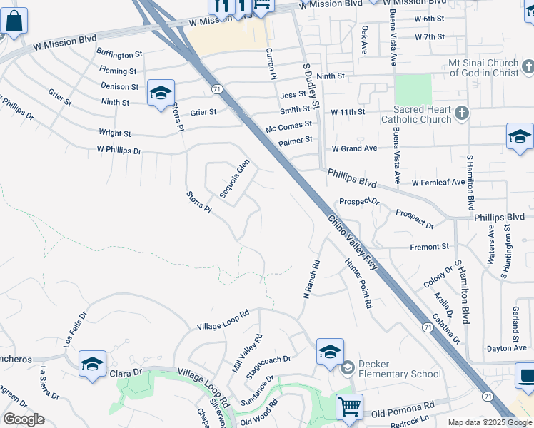 map of restaurants, bars, coffee shops, grocery stores, and more near 1210 Redwood View Drive in Pomona