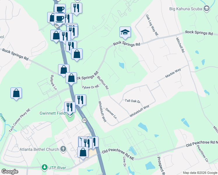 map of restaurants, bars, coffee shops, grocery stores, and more near 2681 Bluffton Road in Buford