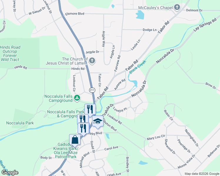 map of restaurants, bars, coffee shops, grocery stores, and more near 217 Tabor Rd in Gadsden