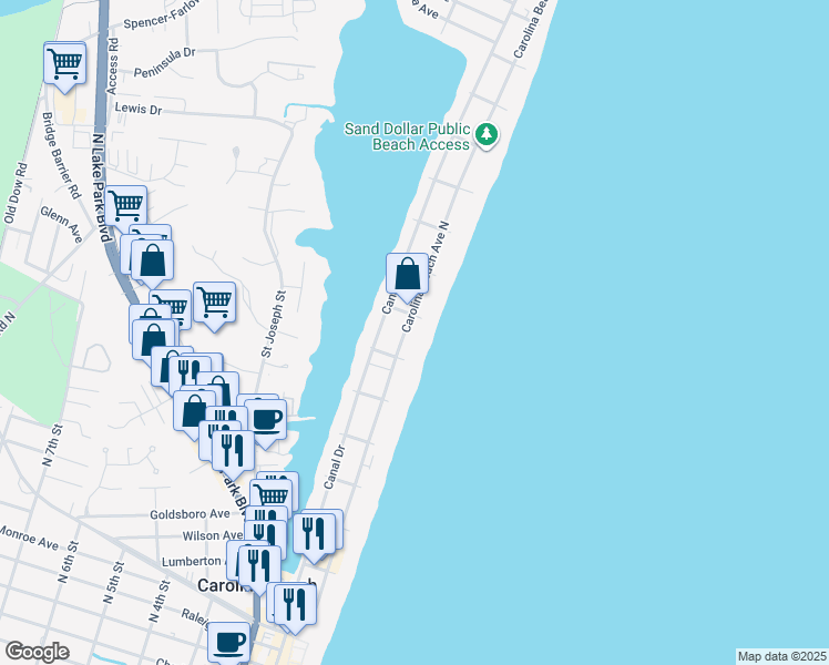map of restaurants, bars, coffee shops, grocery stores, and more near 812 Carolina Beach Avenue North in Carolina Beach