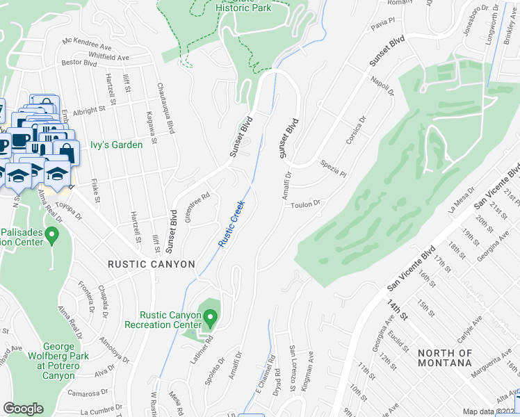 map of restaurants, bars, coffee shops, grocery stores, and more near 27 Latimer Road in Santa Monica