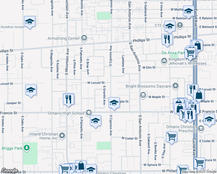 map of restaurants, bars, coffee shops, grocery stores, and more near 1620 South Cypress Avenue in Ontario