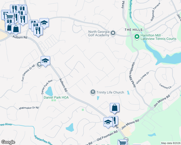 map of restaurants, bars, coffee shops, grocery stores, and more near 3090 McCannon Mill Drive in Dacula