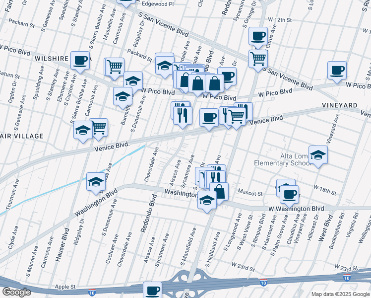 map of restaurants, bars, coffee shops, grocery stores, and more near 1700 South Redondo Boulevard in Los Angeles