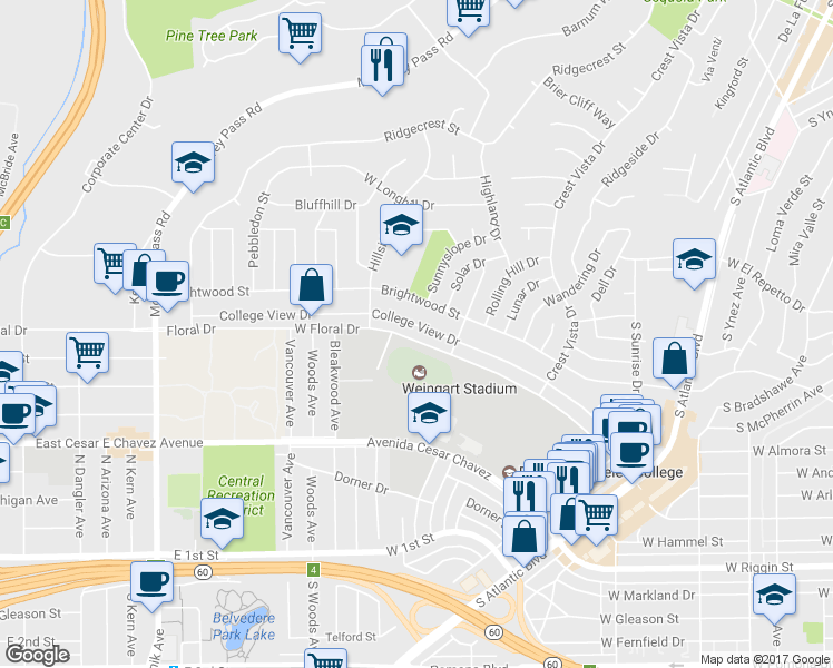 map of restaurants, bars, coffee shops, grocery stores, and more near 1620 College View Drive in Monterey Park