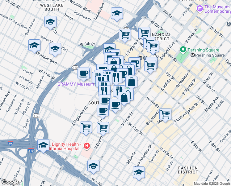 map of restaurants, bars, coffee shops, grocery stores, and more near West Olympic Boulevard in Los Angeles
