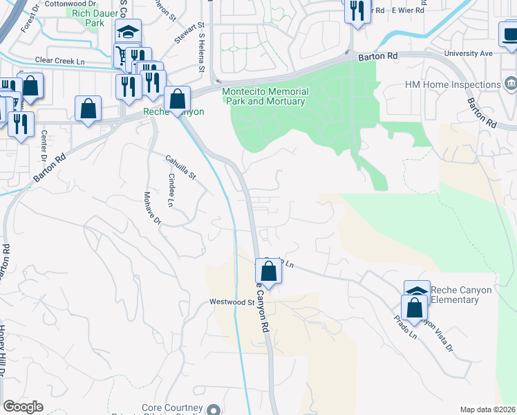 map of restaurants, bars, coffee shops, grocery stores, and more near 11565 South Reche Canyon Road in Colton