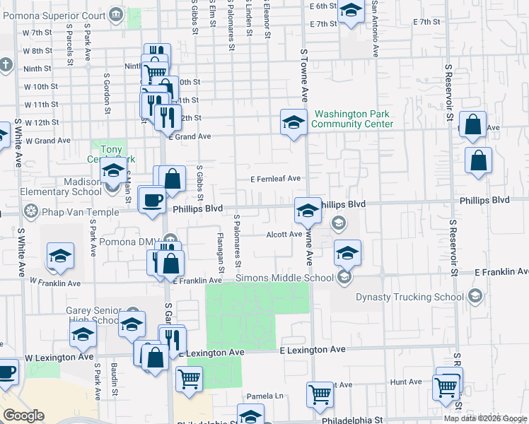 map of restaurants, bars, coffee shops, grocery stores, and more near 586 East Phillips Boulevard in Pomona