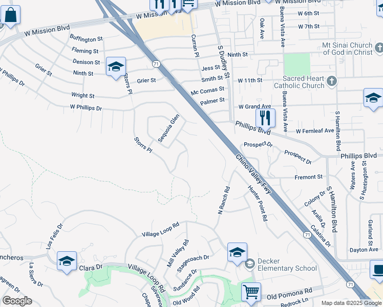 map of restaurants, bars, coffee shops, grocery stores, and more near 1210 Redwood View Drive in Pomona