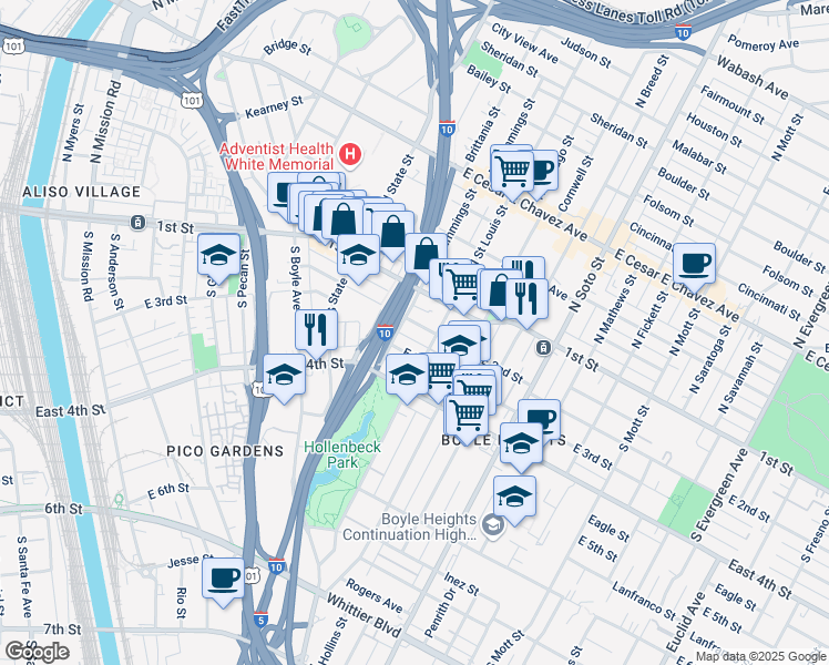 map of restaurants, bars, coffee shops, grocery stores, and more near 2022 East 2nd Street in Los Angeles