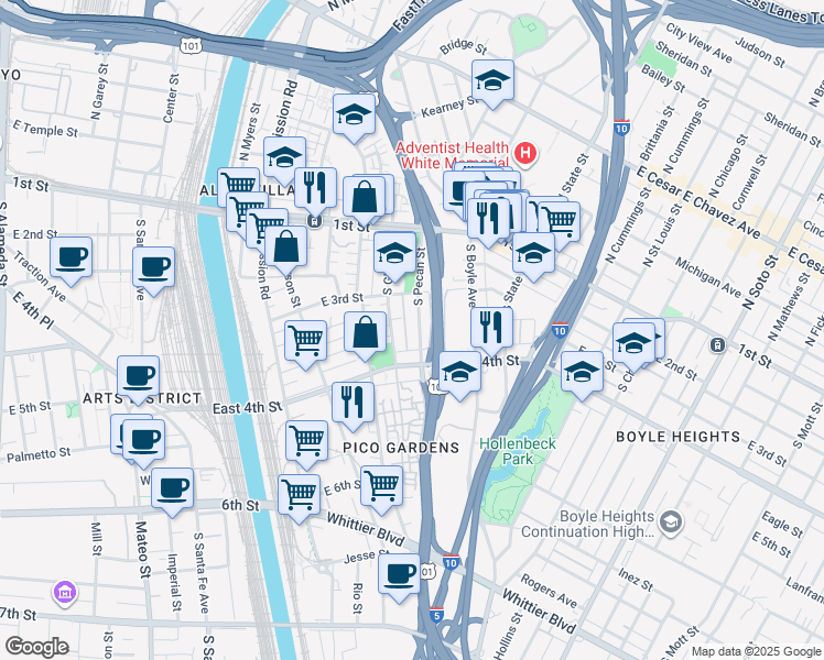 map of restaurants, bars, coffee shops, grocery stores, and more near 340 South Gless Street in Los Angeles